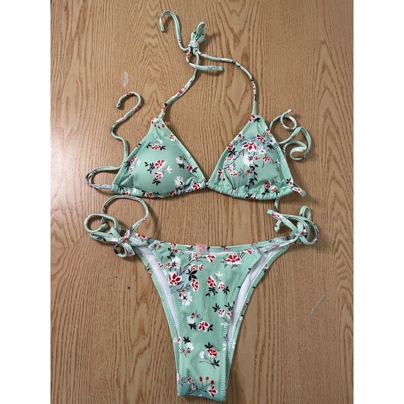 New Women’s 2Pc Floral Print Ribbed Bikini 👙 Cheeky Swimsuit Mint etc Small - Picture 1 of 4